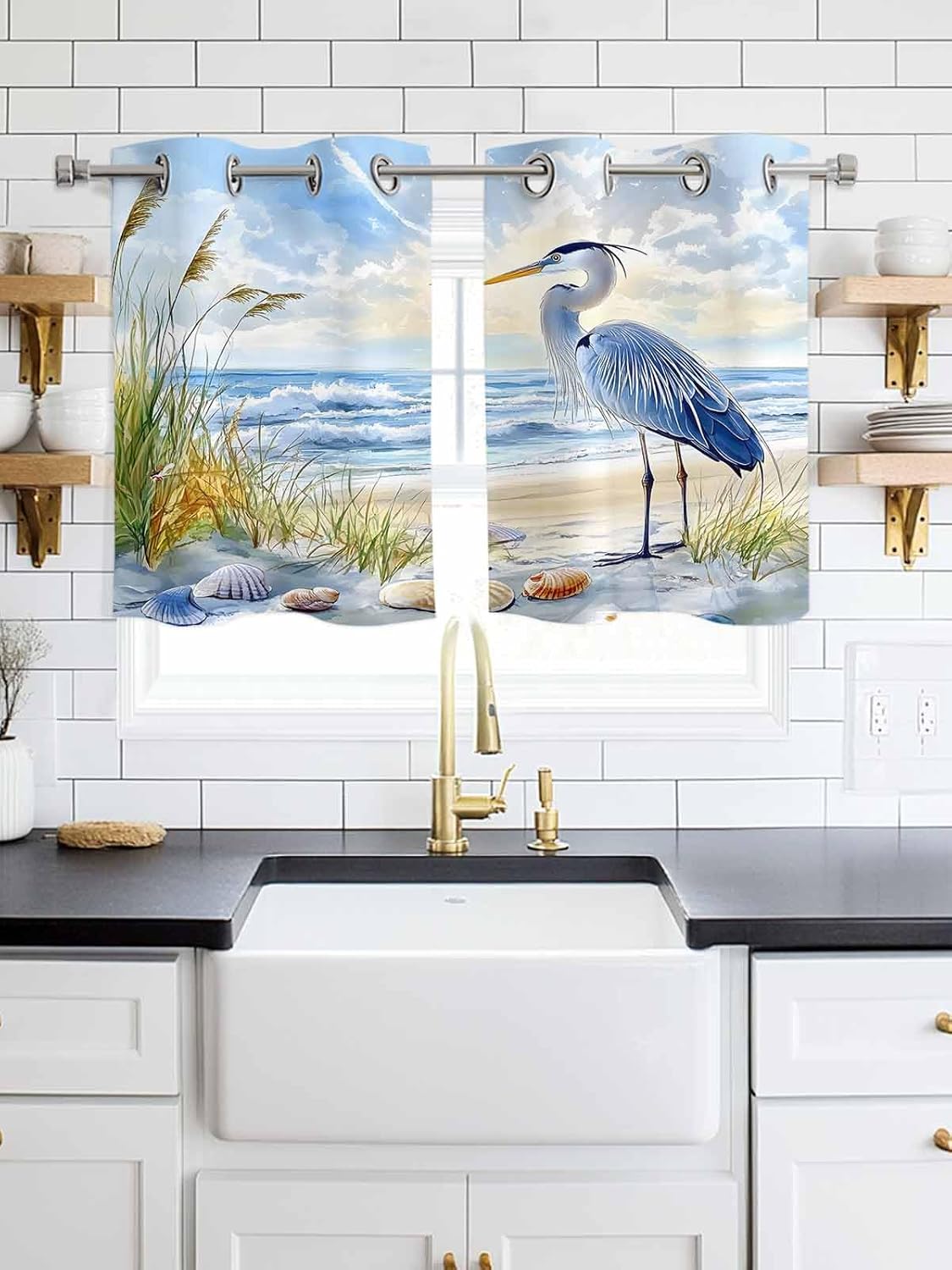 Window Curtain Coastal Beach Blue Seabird Shell Windows Drapes Panel,Summer Ocean Animal Plant Light Filtering Kitchen Cafe Curtains Drape Treatment Set of 2 with Grommet Top