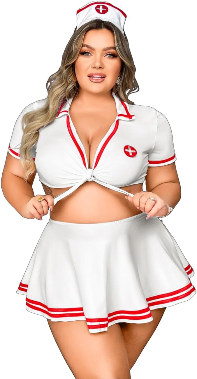 Kaei&Shi 4 Piece Plus Size Cosplay Outfit,Nurse Costume For Curvy Women,Halloween Outfits