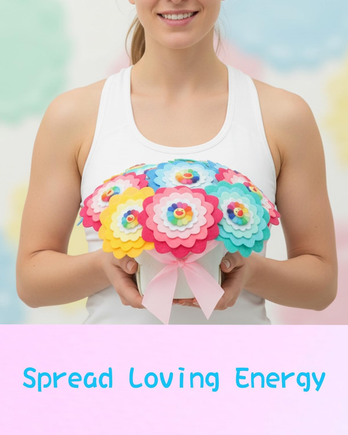 BAZIMA DIY Felt Flower Art Craft Kit,Smiling Rainbow Bouquet Making Kit, Floral Gifts,Beginner Craft Kit, Arrange Pre-Cut Felt Flowers, Ideas for Art Project Activity,12 Felt Flowers.