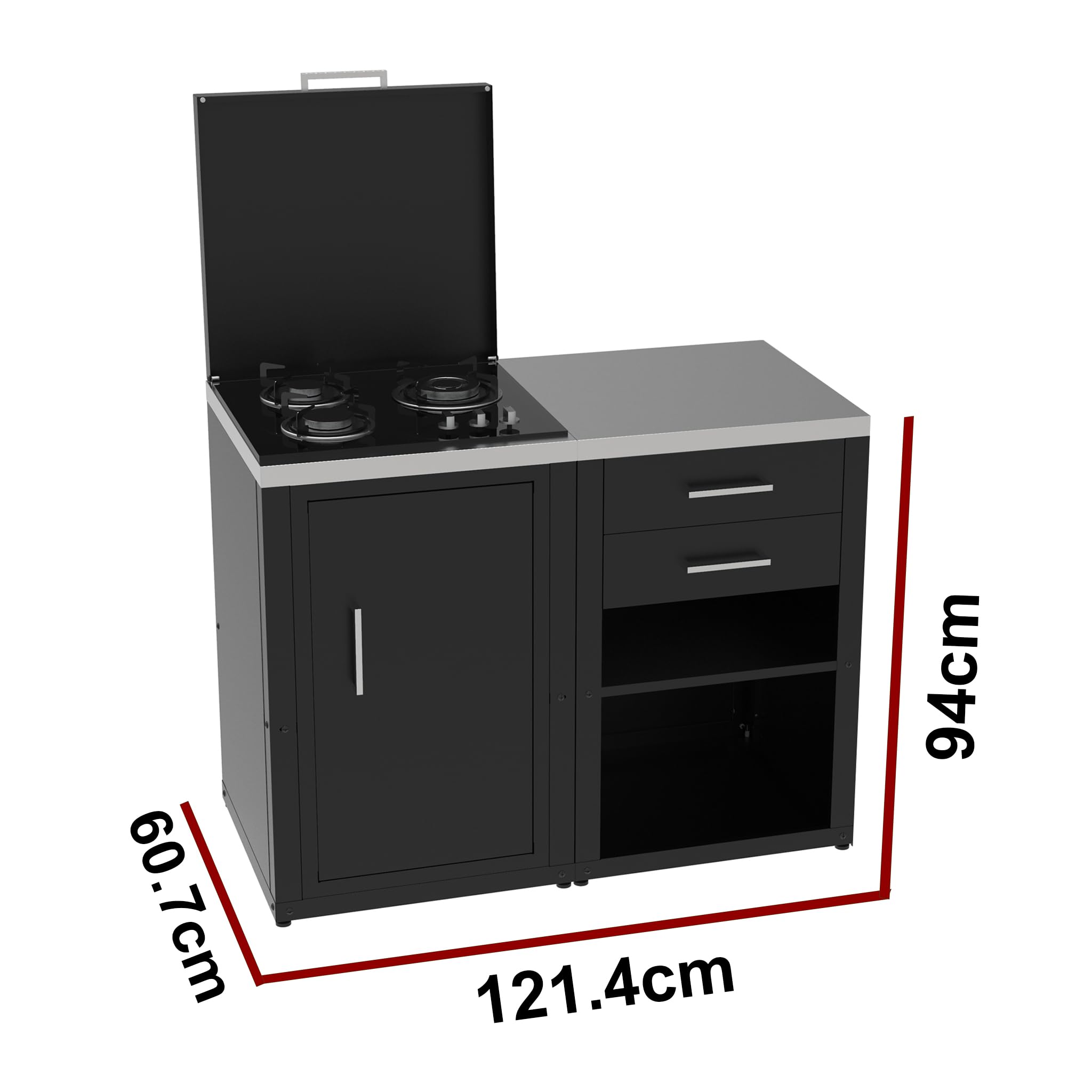 Set Cucina da Esterno a Gas 2 Elementi con 2 cassetti Estraibili - Struttura in Acciaio e Piano in Acciaio Inox - Nero