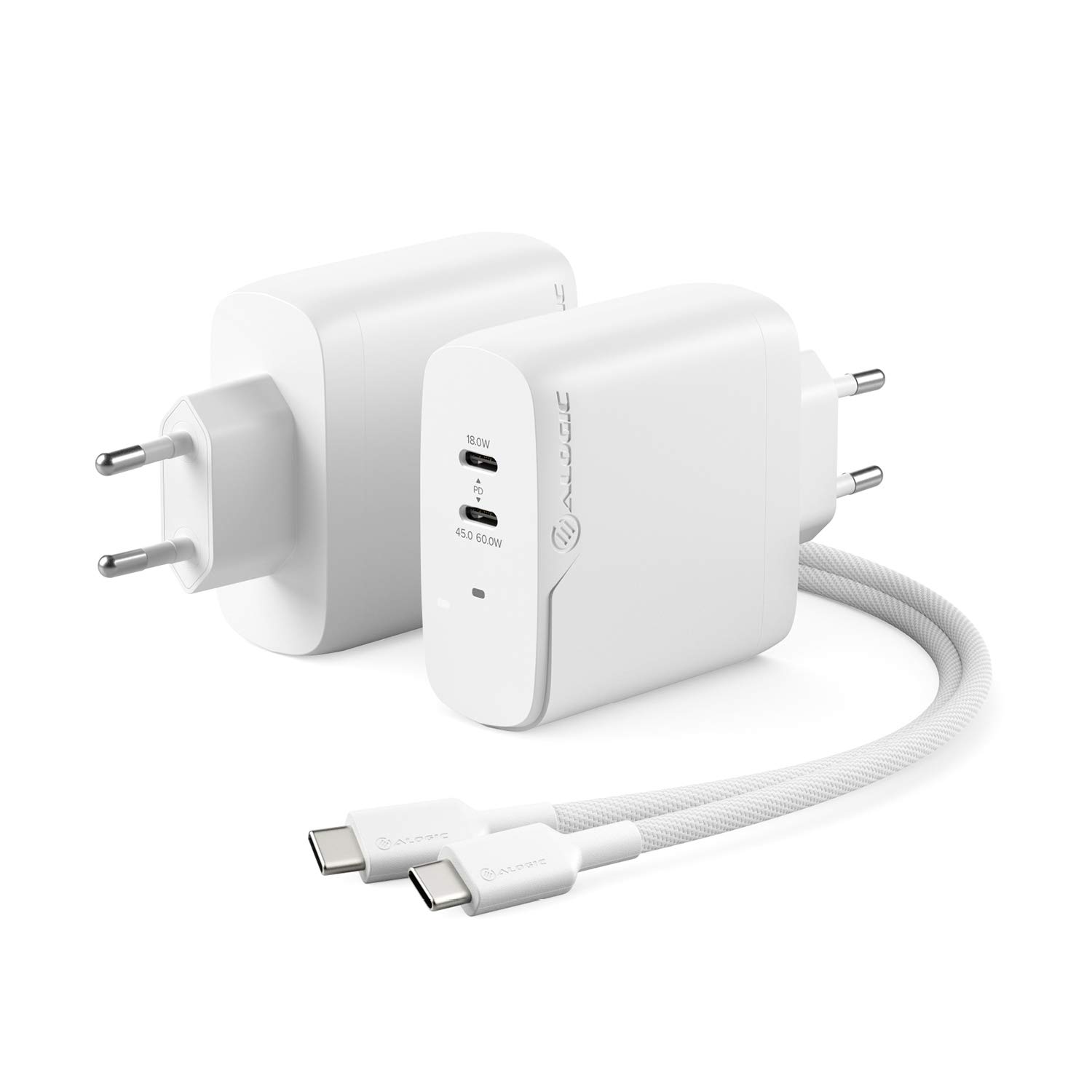 ALOGIC Dual USB C Cargador rápido de 2 Puertos de 63 W con tecnología GAN Fast y asignación dinámica de energía, Cargador Power Delivery 3.0 para MacBook / M1 Mac, iPad Pro, iPhone, Pixel y más