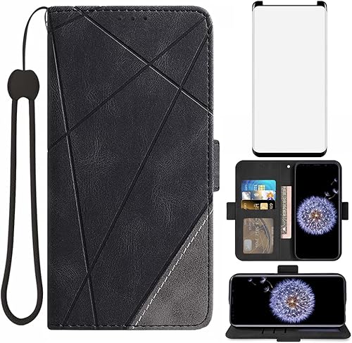 Asuwish Compatible con Samsung Galaxy S9 Plus Funda tipo cartera y protector de pantalla de vidrio templado, funda con tapa para tarjetero,