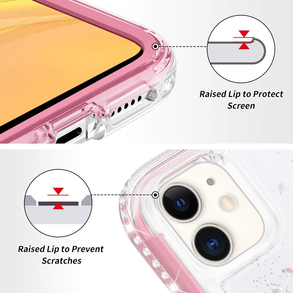 Caka iPhone 11 Case, iPhone 11 Glitter Liquid Full Body Case with Built in Screen Protector Diamond Moving Quicksand Girls Girly Women Cute Shockproof Protective Case for iPhone 11 6.1 inches (Pink)