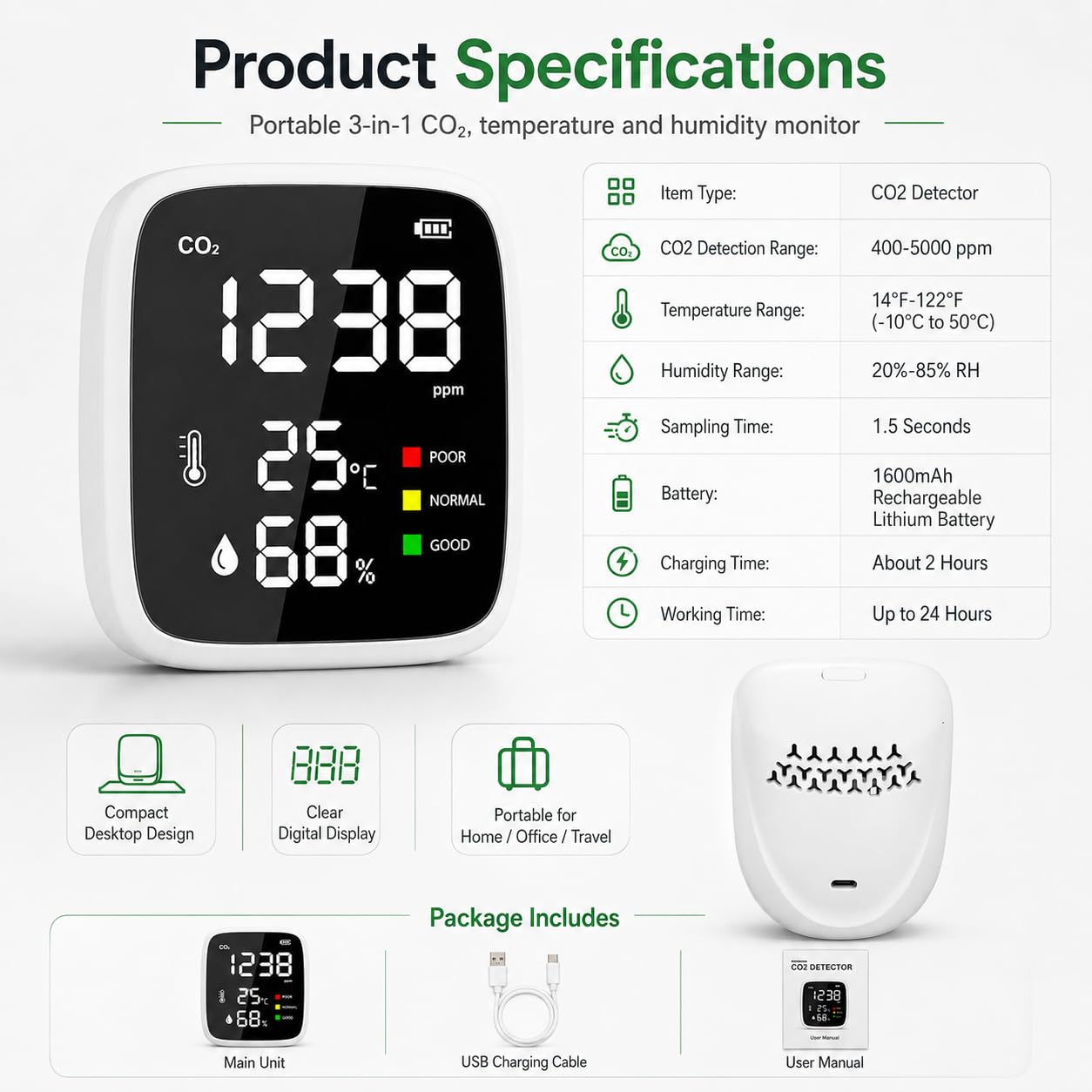 Compteur de CO2, 3 en 1 Moniteur de qualité de l'Air Détecteur de CO2, Température, Humidité, 400-5000 PPM Indicateur CO2 Moniteur de Dioxyde de Carbone pour Maison,Bureau, Ecole,Voiture