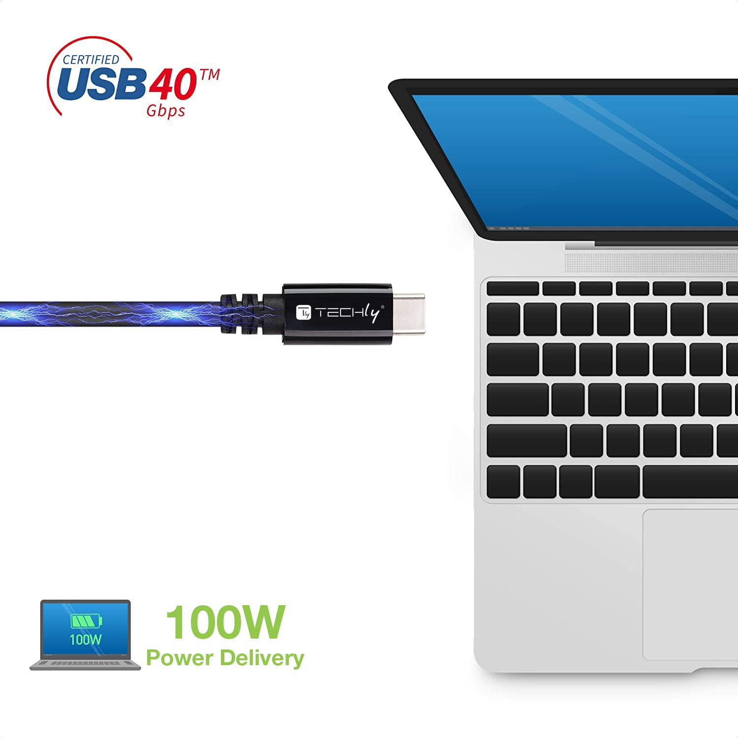 TECHLY 362602 Cable USB 4 Gen 3 Type-C™ Thunderbolt M/M E-Mark 8K 40Gbps 100W PD 0,8 m Negro