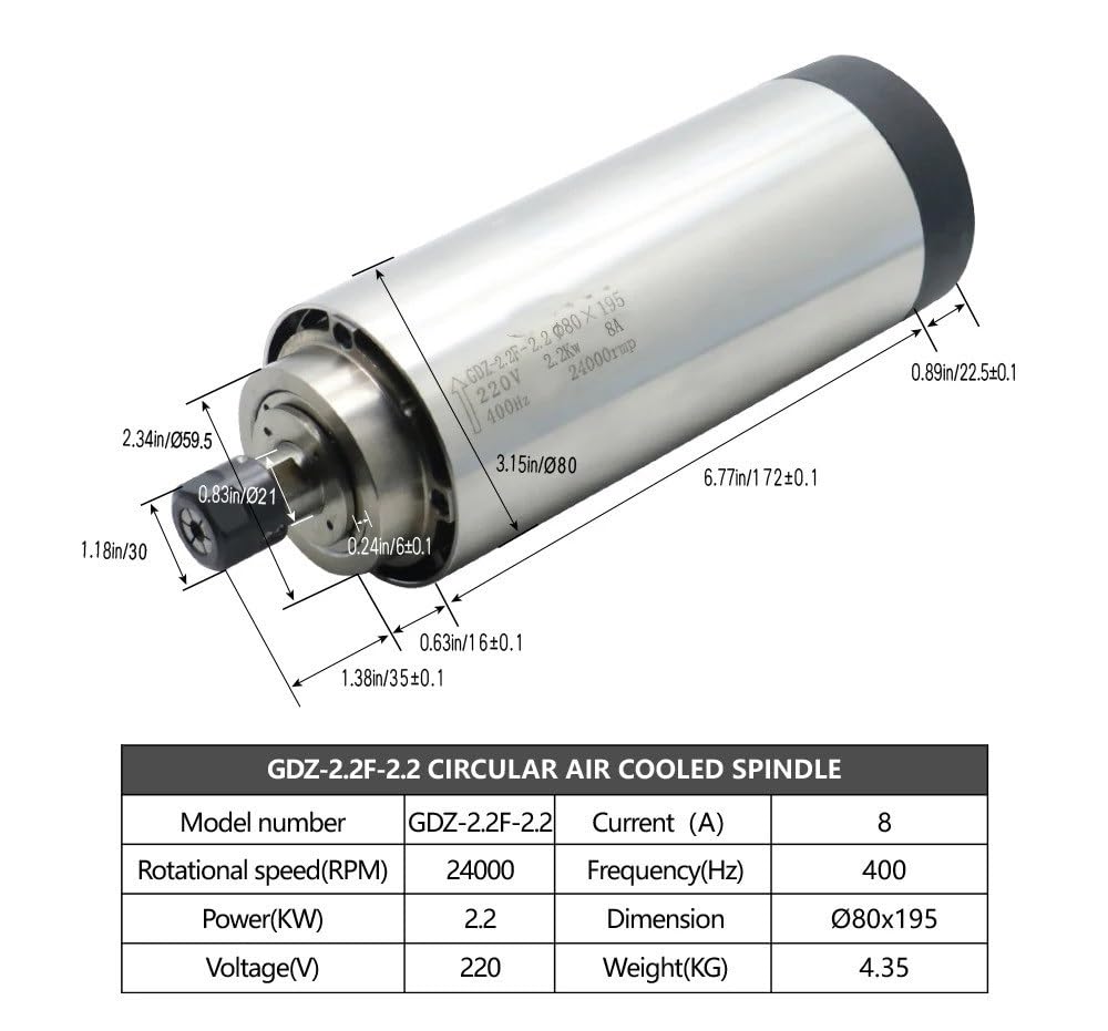 WAAZVXS GDZ-2.2F-2.2 Round Air Cooled Spindle 2.2KW 220V 8A 24000RPM 400Hz Diameter 80mm for Engraving Machine CNC Part