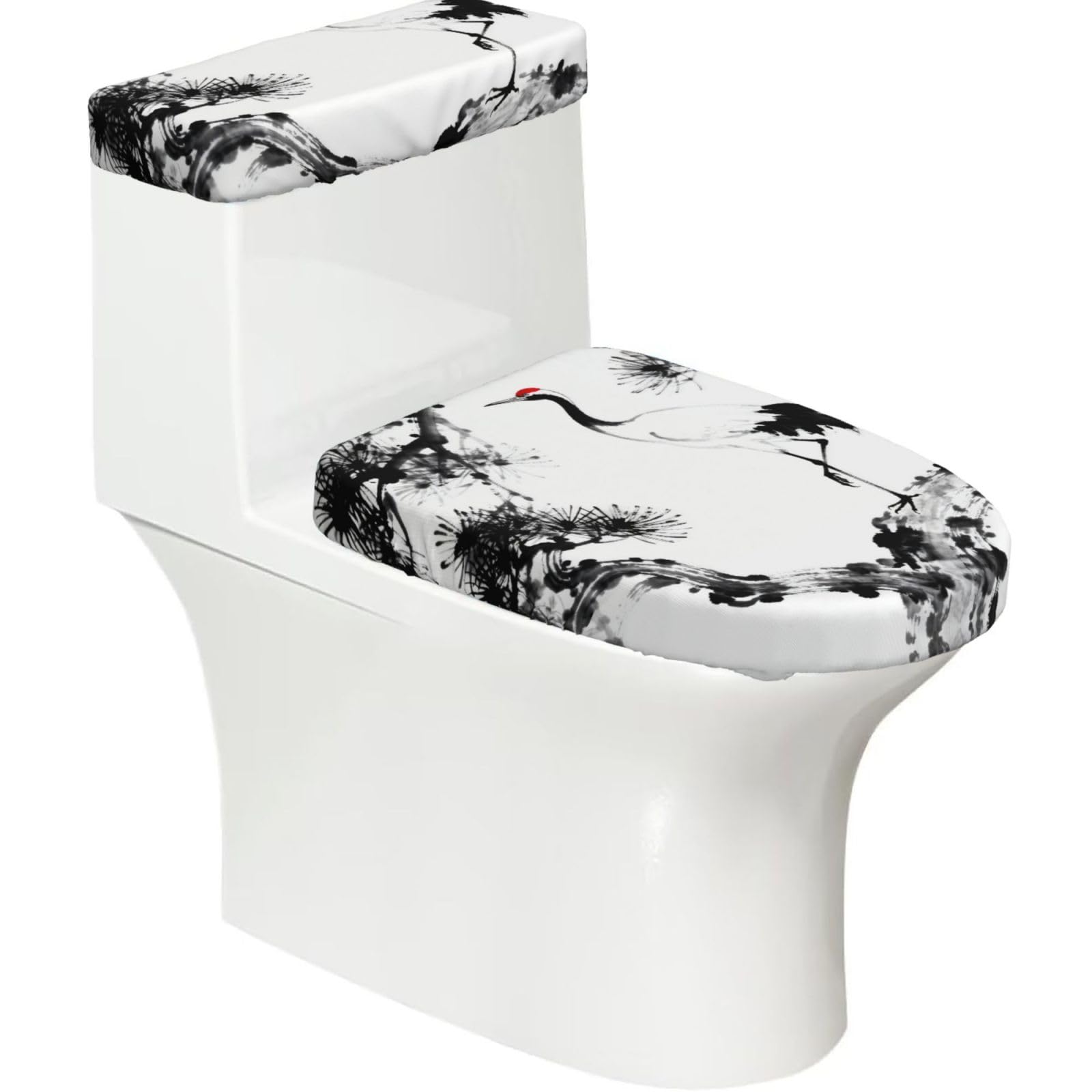 Crane Pine Branch Elastic Toilet Cover Set of 2-Stretchy Lid and Tank Covers for Bathroom, Soft Washable U Shape Toilet Decor