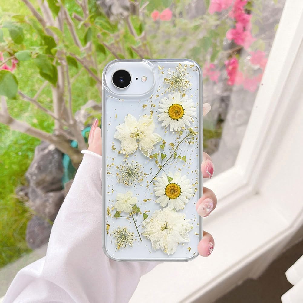 for iPhone 16e/iPhone 17e Case Floral Cute Clear with Real Dried Flowers Design, Glitter Sparkly Slim Soft TPU Aesthetic Shockproof Protective Women Girl's Girly Phone Cover (Gold White) image 3