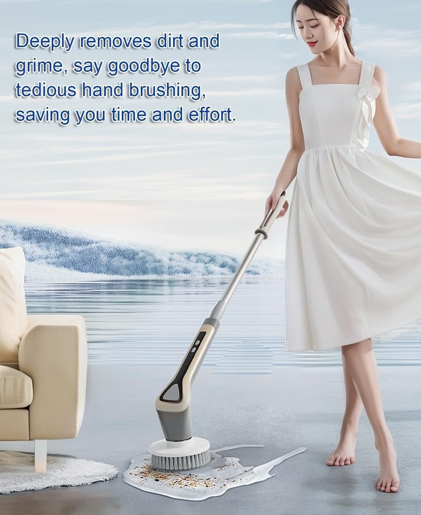 Electric Rotate Scrubber Multifunctional Wireless Household Extendable Cleaning Brush 8 Replaceable Brush Heads 2 Speeds Adjustment with Power LCD Display for Bathroom, Bathtub (White)