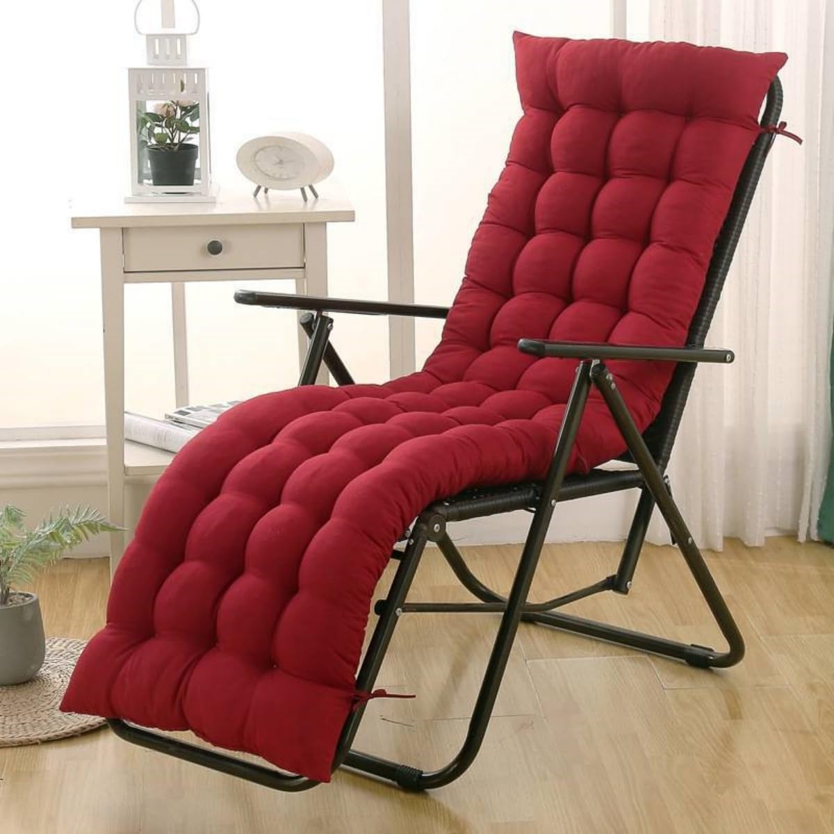 Highdi Sun Lounger Cushion Only, Garden Sunlounger Cushion Replacement, Solid Color Soft Thick Rocking Chair Pad with Ties for Sunbed, Garden Patio Lounge, Outdoor Reclining (Burgundy,53x155cm)