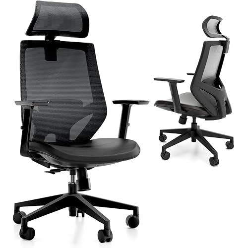 Ergonomic Office Chair, High Back Desk Chair with Reclining, Mesh Task Chair with Adjustable Armrest, Lumbar, Headrest, Silent Wheel - Black
