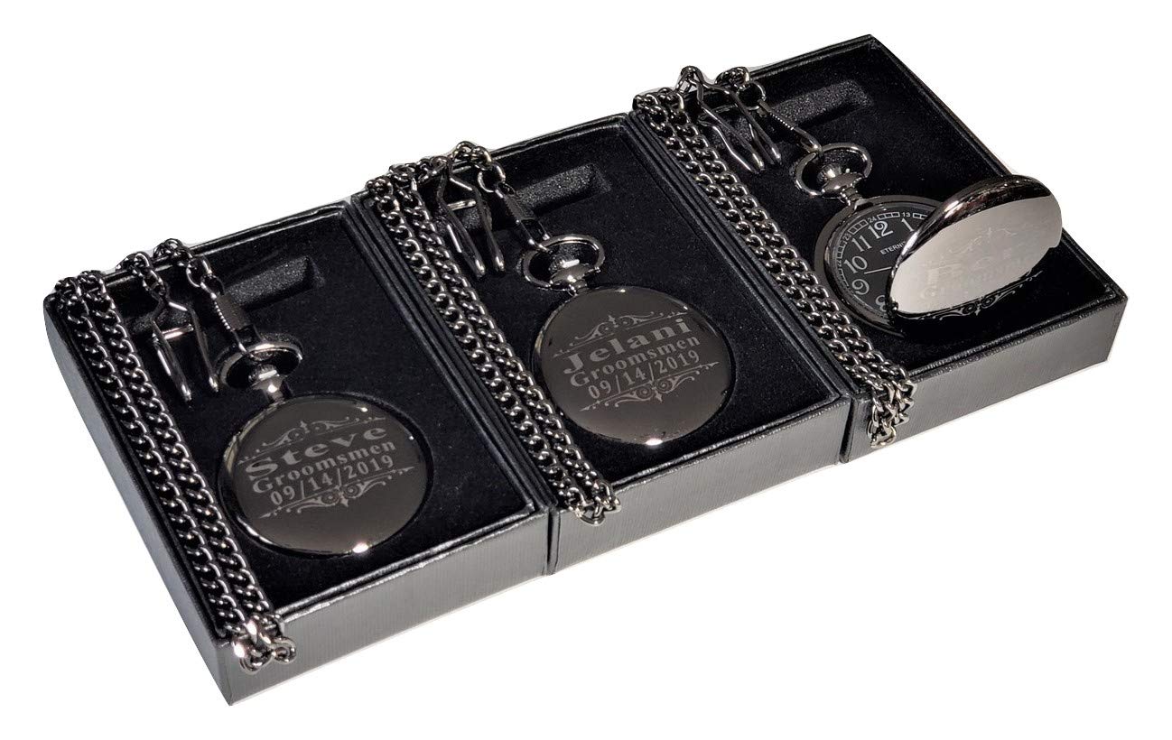 Eternity Engraving inc. 3 Pocket Watches Custom Engraved, Polished Gold with Roman Numerals, Chain & Box Included, 4 Colors Available, Set of 3 Pocket Watches (Black)