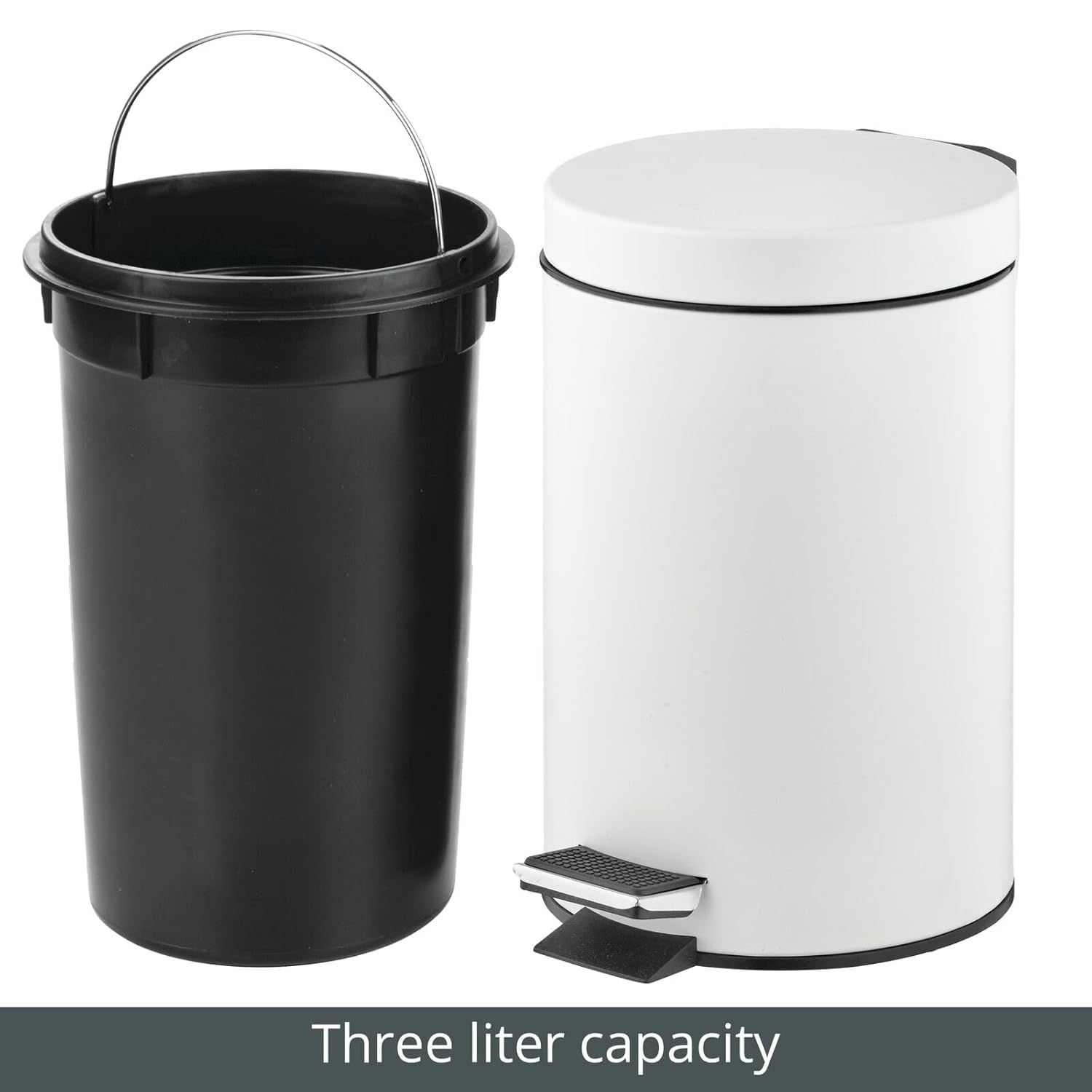 mDesign Pedal Bin — Metal Waste Bin with Pedal, Lid and Plastic Bucket Insert — for Bathroom, Kitchen, and Office — 3 Litre Household Rubbish Bin with Ergonomic Design — White