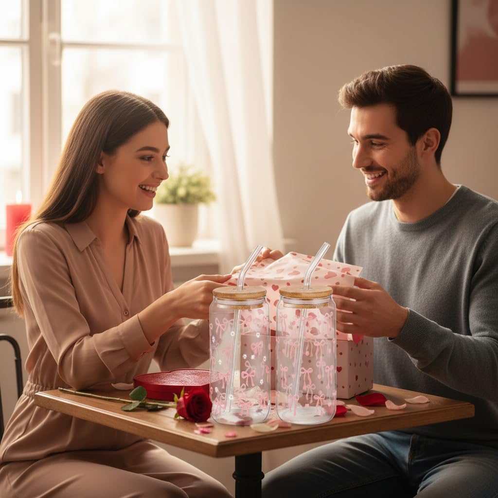 2 Pcs Coquette Pink Bow Glasses Cups, 16oz Cute Bow Glass Cups with Lid Brush and Straw Aesthetic Iced Coffee Cup, Girly Preppy Design Glasses Drinking for Teen Girls Women Men Kids Gift Trendy Stuff - Image 6