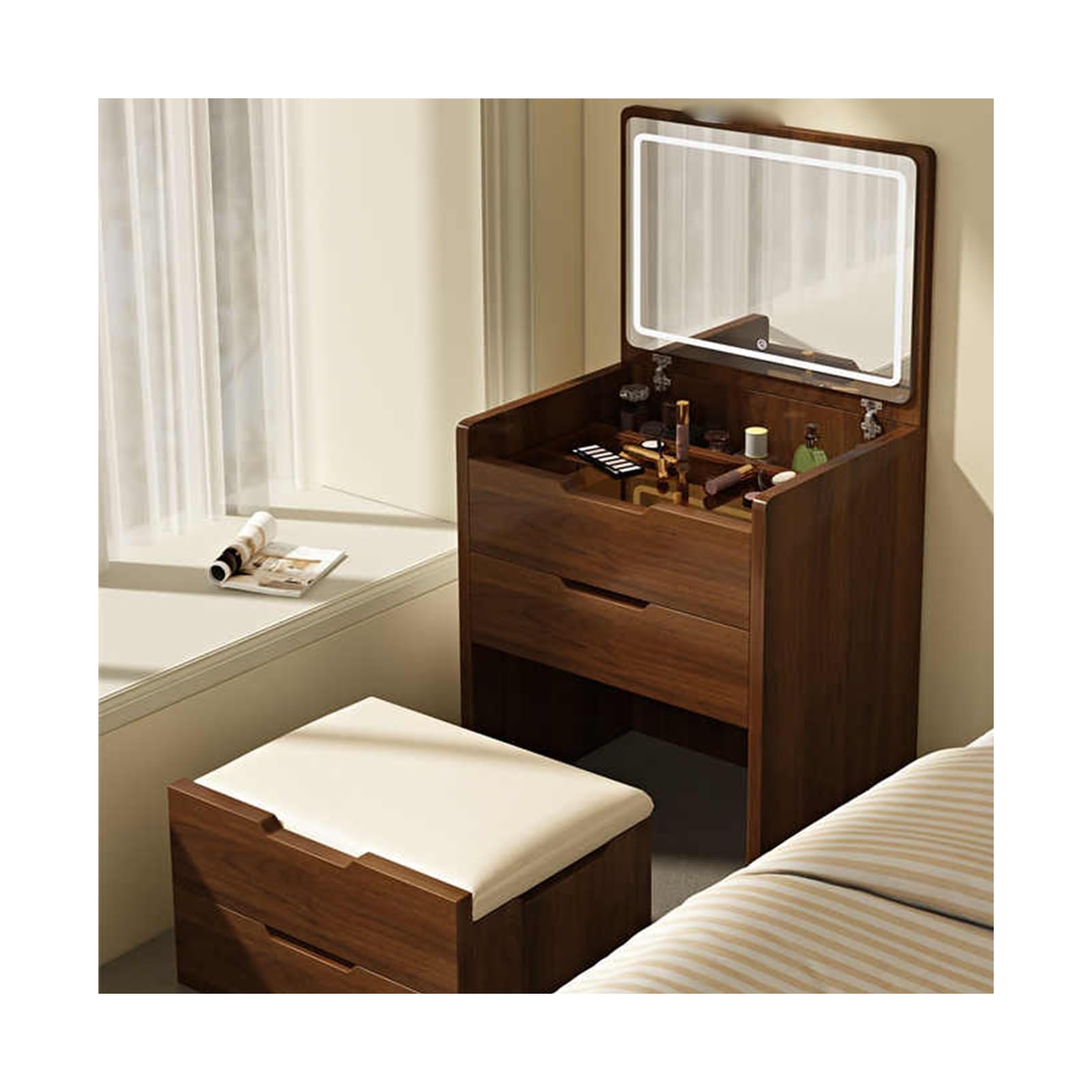BKSXSOP Vanity Table with Mirror, Compact Dressing Stool, Walnut Makeup Station, Perfect for Bedrooms & Bathrooms, Adjustable Height 60CM, Stylish and Functional.