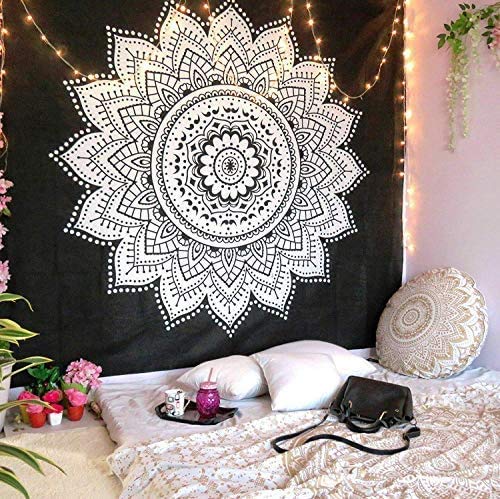 Vintage Ombre Mandala Tapestry Psychedelic Boho Tie Dye Printed Wall Hanging Decoration (Black and White, 84x54 Inches), Cotton, Large