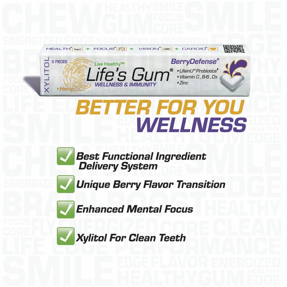 Miniatura 2 de Life's Gum BerryDefense Wellness & Immunity Gum con saúco, contiene aceite de semilla de cáñamo, vitamina C, B6, D3, zinc y probióticos, 5 piezas de