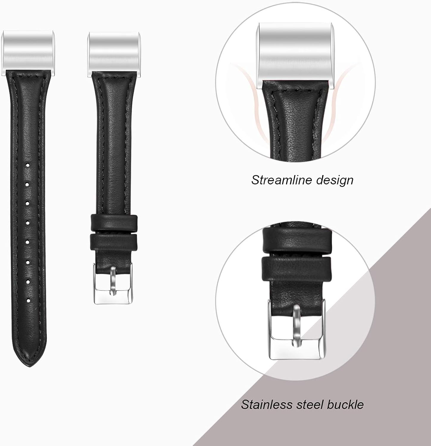 bayite Bands Compatible Fitbit Charge 2, Slim Genuine Leather Band Replacement Accessories Strap Charge2 Women Men, Black Small