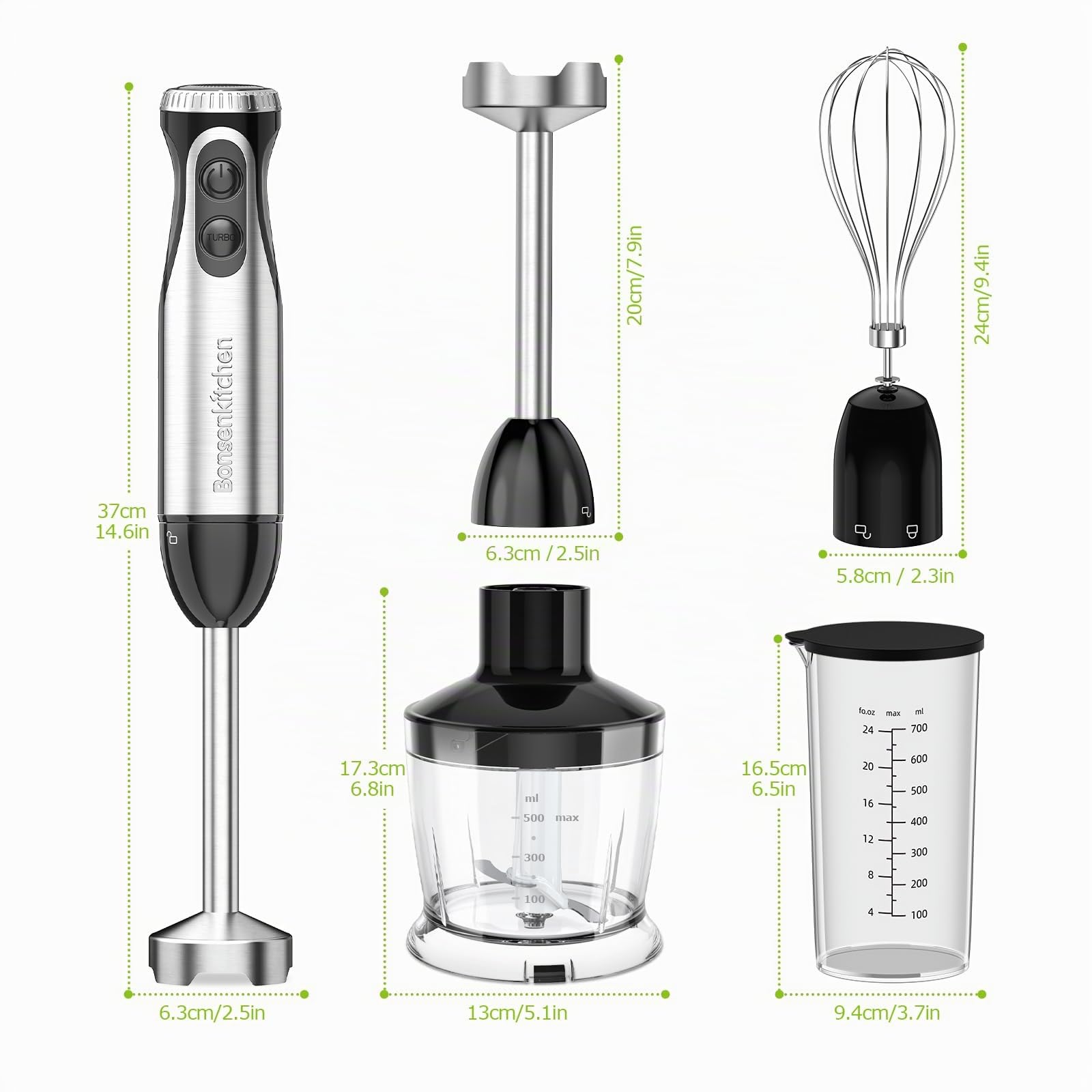 Bonsenkitchen Frullatore a Immersione 4-in-1, Piede in Acciaio Inox, 1000W