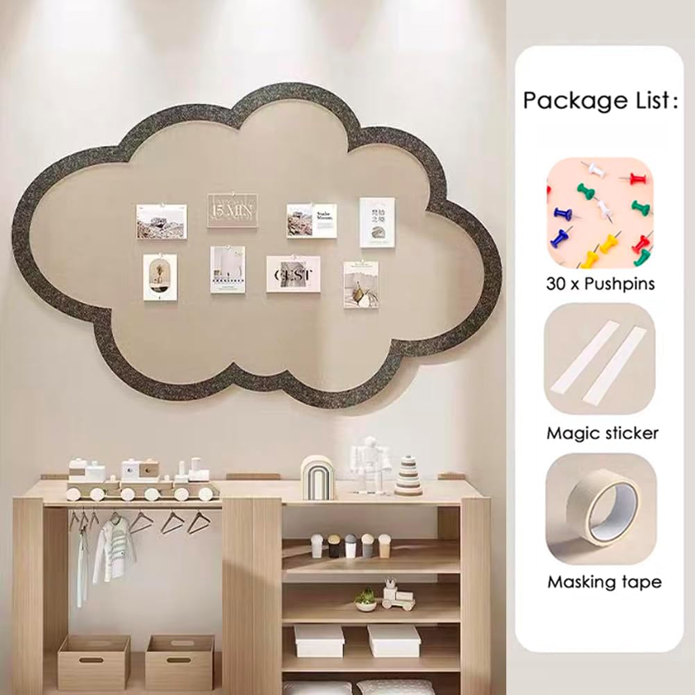 Self-Adhesive Felt Bulletin Board Wall Stickers,Cloud Shape Vision Pin Board with 30 Pushpins,Felt Memo Board for School Home Kitchen Office (Dark Gray,39.4"x23.6")