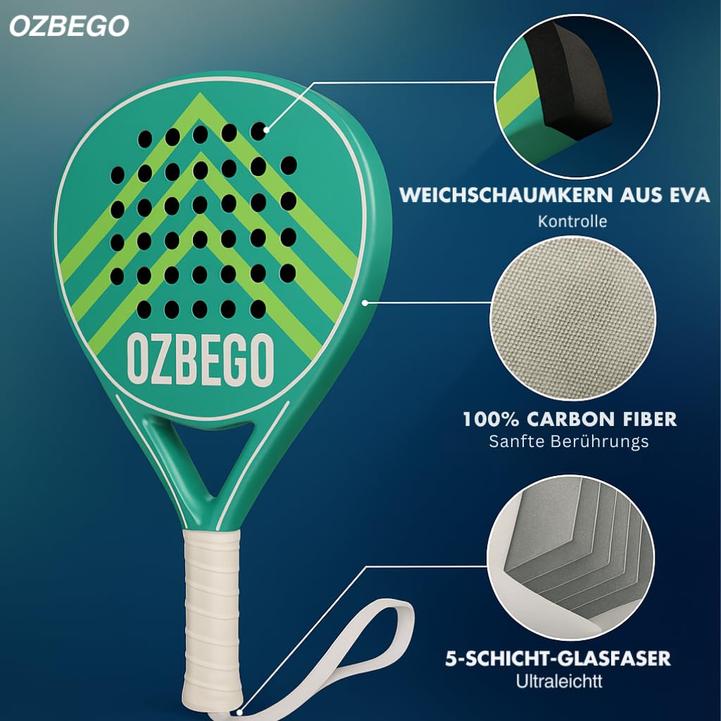 Set 2 Racchette da Padel in Fibra di Carbonio – Nero & Verde – Con Borsa, Overgrip e Accessori – Per Principianti e Avanzati