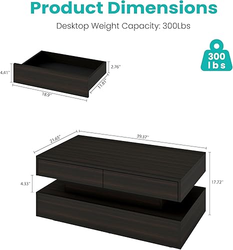 Miniatura 2 de Mesa de centro para sala de estar, mesa de centro moderna con 2 cajones de almacenamiento, mesa central de 2 niveles de madera con luces LED de 20