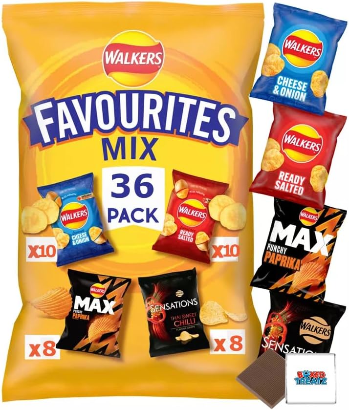 Walkers Favourites Mix Crisps Multipack 36 Mixed Pack - Cheese & Onion, Ready Salted, Max Punchy Paprika & Sensations Sweet Thai Chilli Boxed Treatz