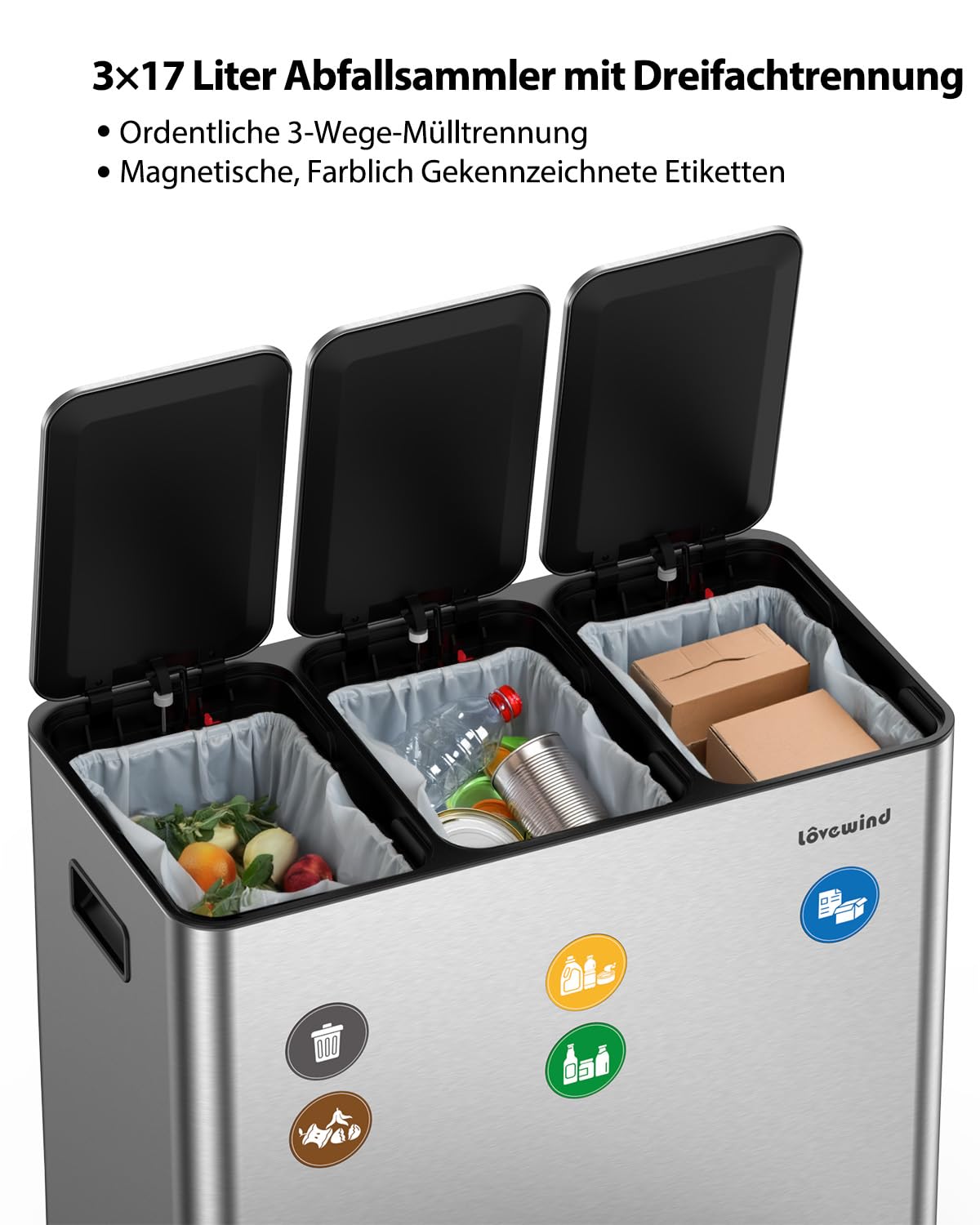 lovewind Mülleimer, 3 x 17 l Recyclingeimer, 3-Fach-Mülleimer für Recycling und Abfall, inklusive magnetisches Etikett, Soft-Close-Deckel, Pedale, Inneneimer, Stahl, Silber