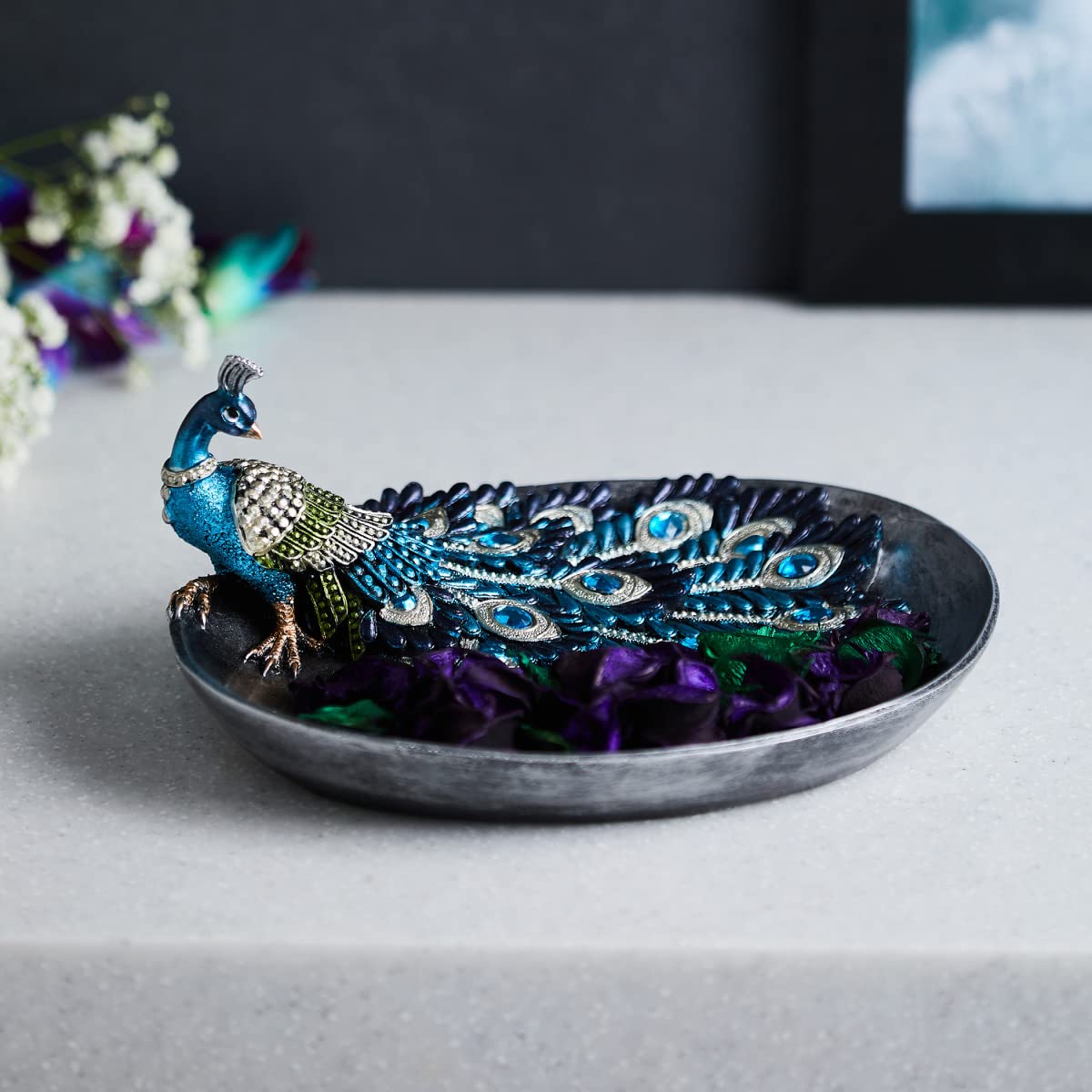 Home Centre Corsica Mayur Blue Peacock Carved Potpourri Bowl