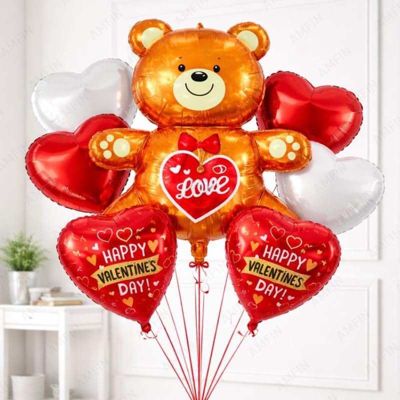 Image of AMFIN (Pack of 7) Happy Valentine's Day Foil Balloon Bouquet Teddy Heart Romantic Decoration Item - Red Gold