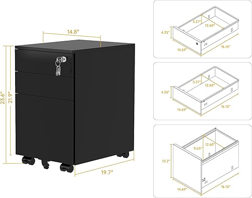 Miniatura 15 de Archivador móvil de 2 cajones con cerradura, archivadores de oficina para debajo del escritorio, archivador pequeño totalmente montado excepto Negro