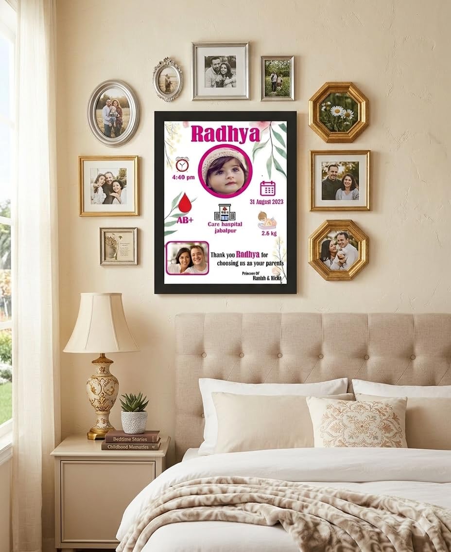 Jwalpa Creation Personalized Baby Birth Details Photo Frame 12x9 Inch | Custom Newborn Keepsake with Name, Date, Time, Weight & Photo | Baby Girl Gift | Nursery Decor | Wooden Table Top Frame 4