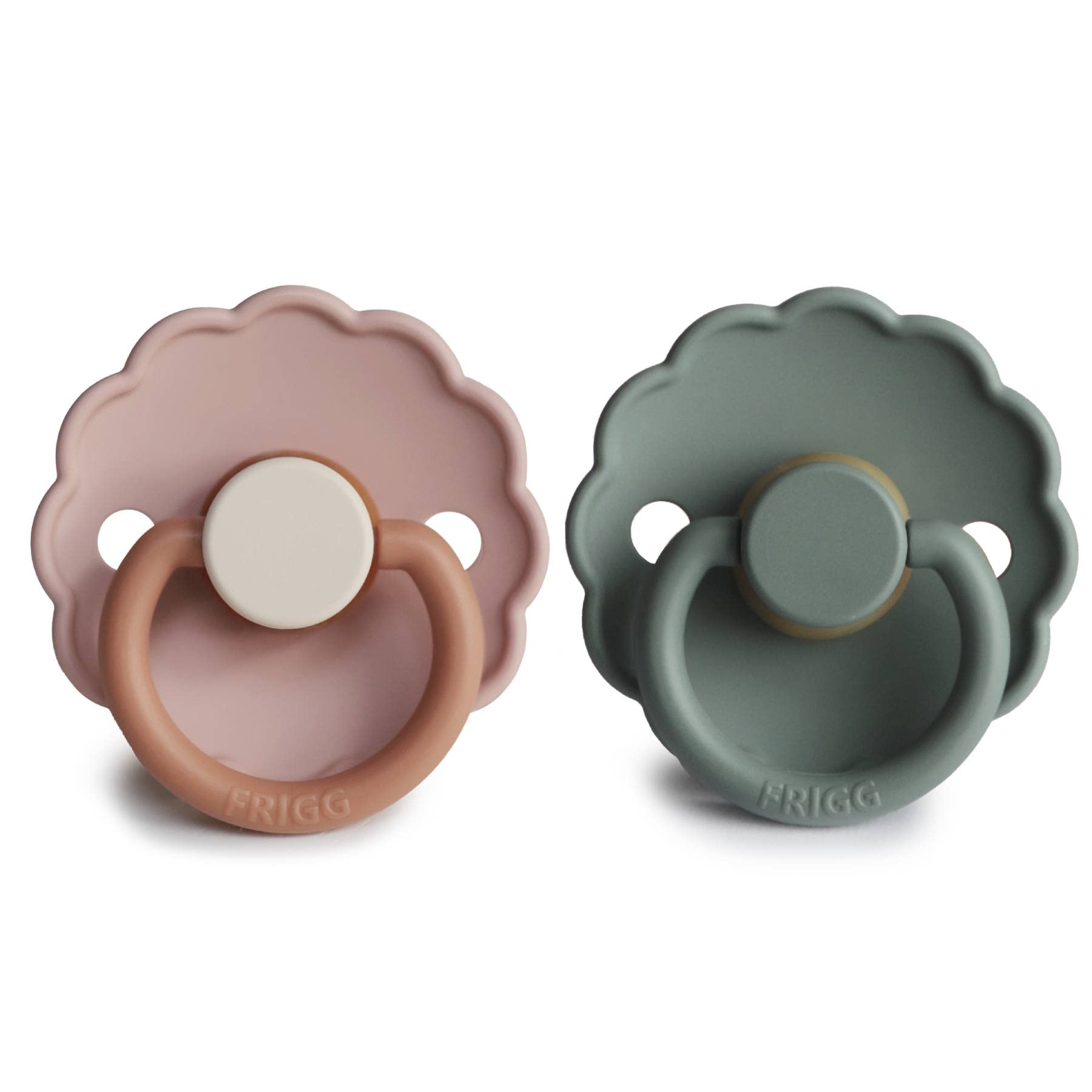 FRIGG Daisy Latex Pacifier | 2-Pack | Daisy Block Natural Rubber Soother | Symmetrical Cherry Shaped Nipple | BPA Free | Made in Denmark | Latex Dummy | Biscuit/Lily Pad - Size 1 (0-6 Months)