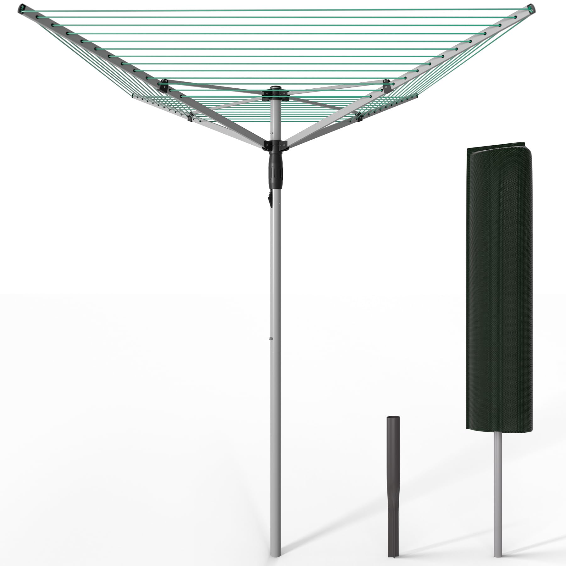VOUNOT® 50m 4 Arm Rotary Washing Line with Cover & Metal Ground Spike, Heavy Duty Foldable Outdoor Clothes Airer, Whirligig Rotary Dryer for Garden, Silver
