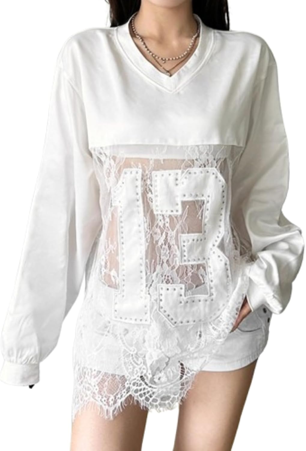 Lace Jersey Shirts for Women Number Print Cute Summer Tops Casual Sheer Short Sleeve Oversized Tshirts Streetwear