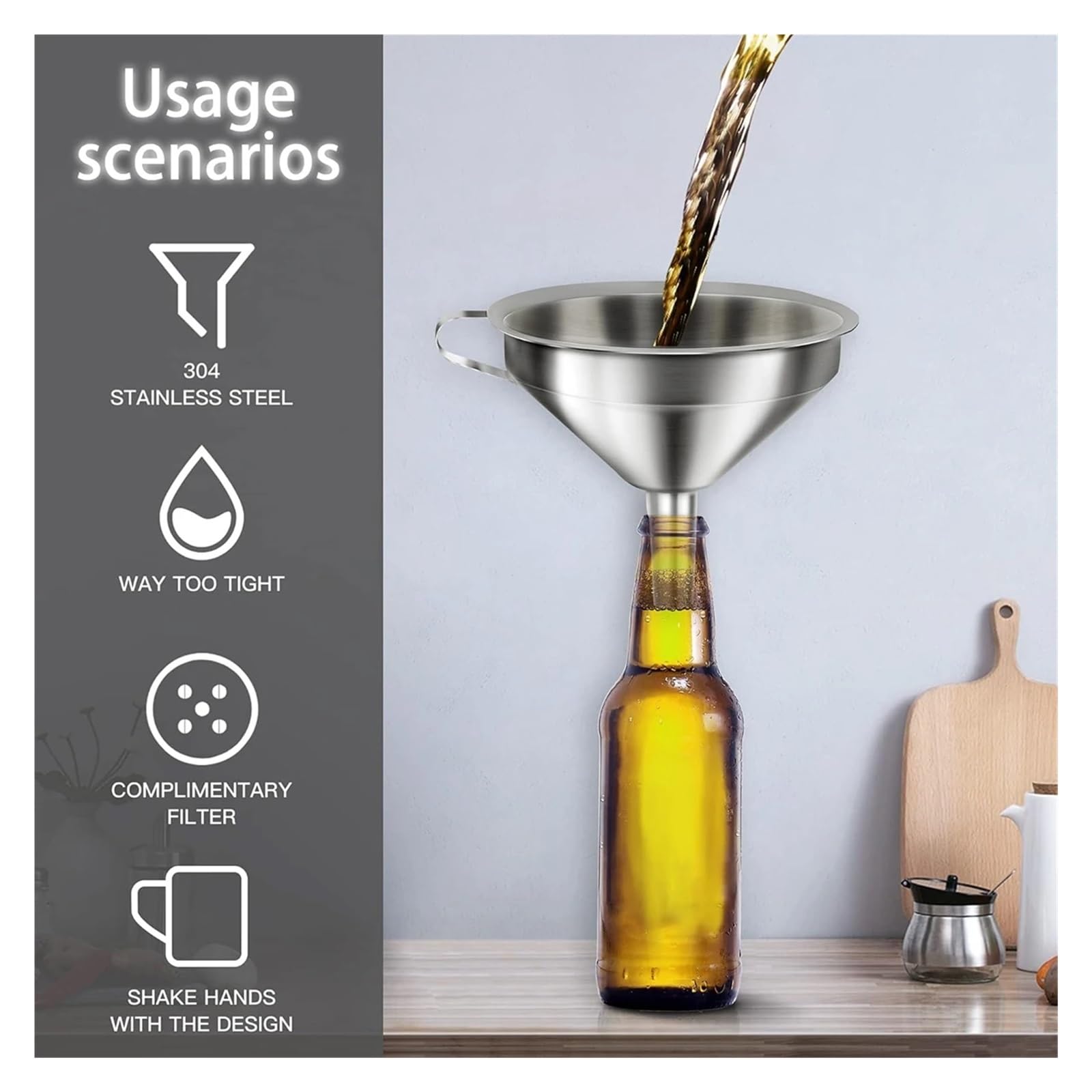 Set di imbuti da cucina, imbuti in acciaio inossidabile, imbuto da cucina in acciaio inossidabile 304, imbuti da cucina in metallo di alta qualità con filtri for il trasferimento di strumenti for olio