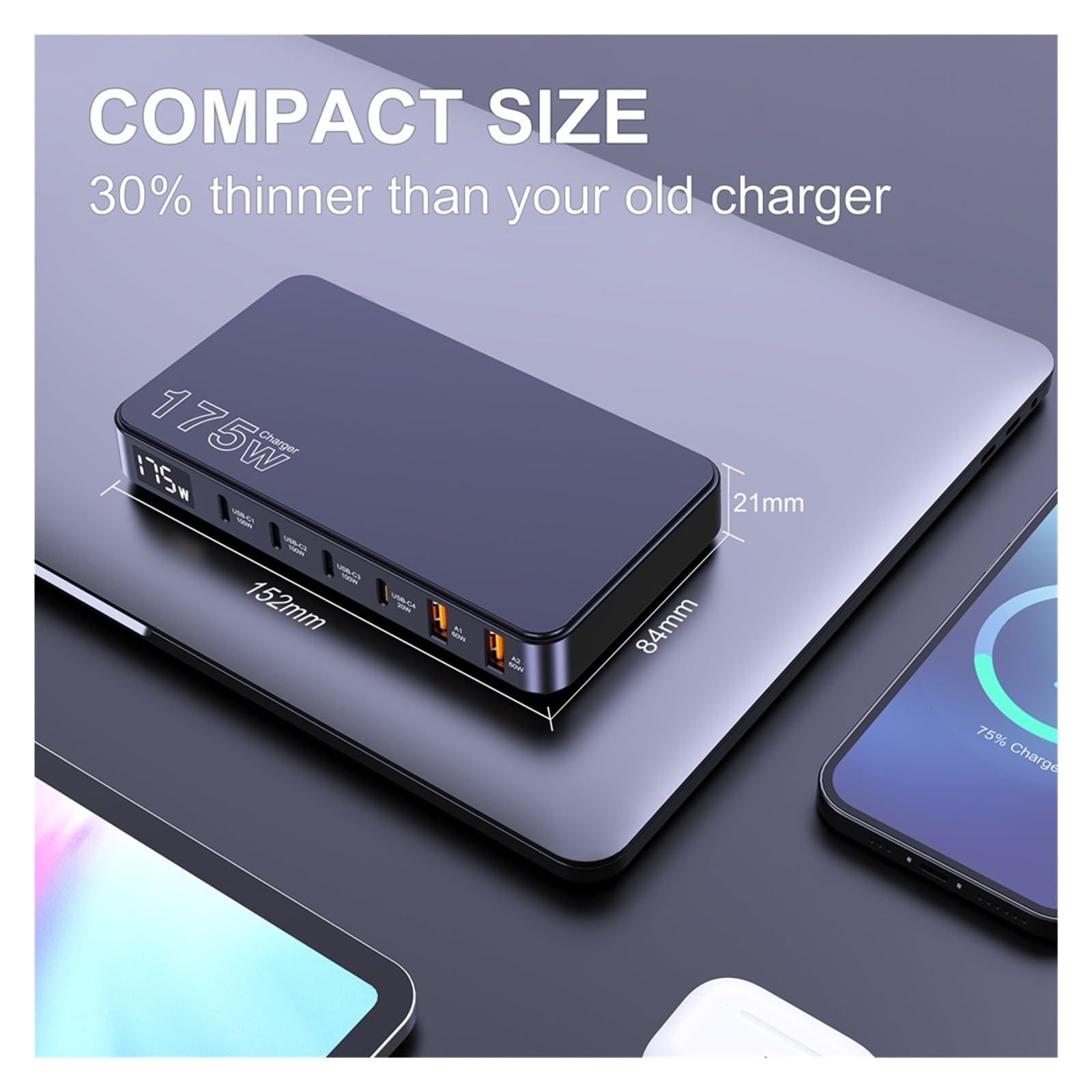 Stazione Di Ricarica USB C Da 175 W Caricatore GaN Ultrasottile A 6 Porte Display LCD Tavolo PD100W Capacità Di Ricarica Rapida
