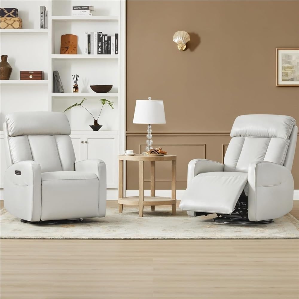 Easy to Clean Power Swivel Recliner Chair with Adjustable Headrest and Lumbar Support for Adults Comfort Casual Leather Single Living Room Sofa