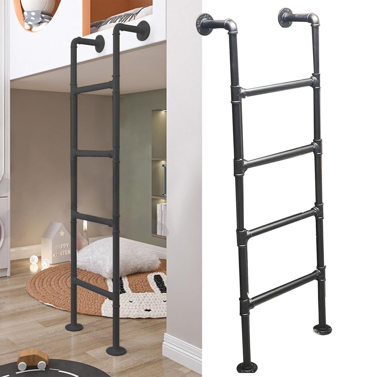 Escabeau mezzanine noir en métal de 125 cm fixé au mur et sol