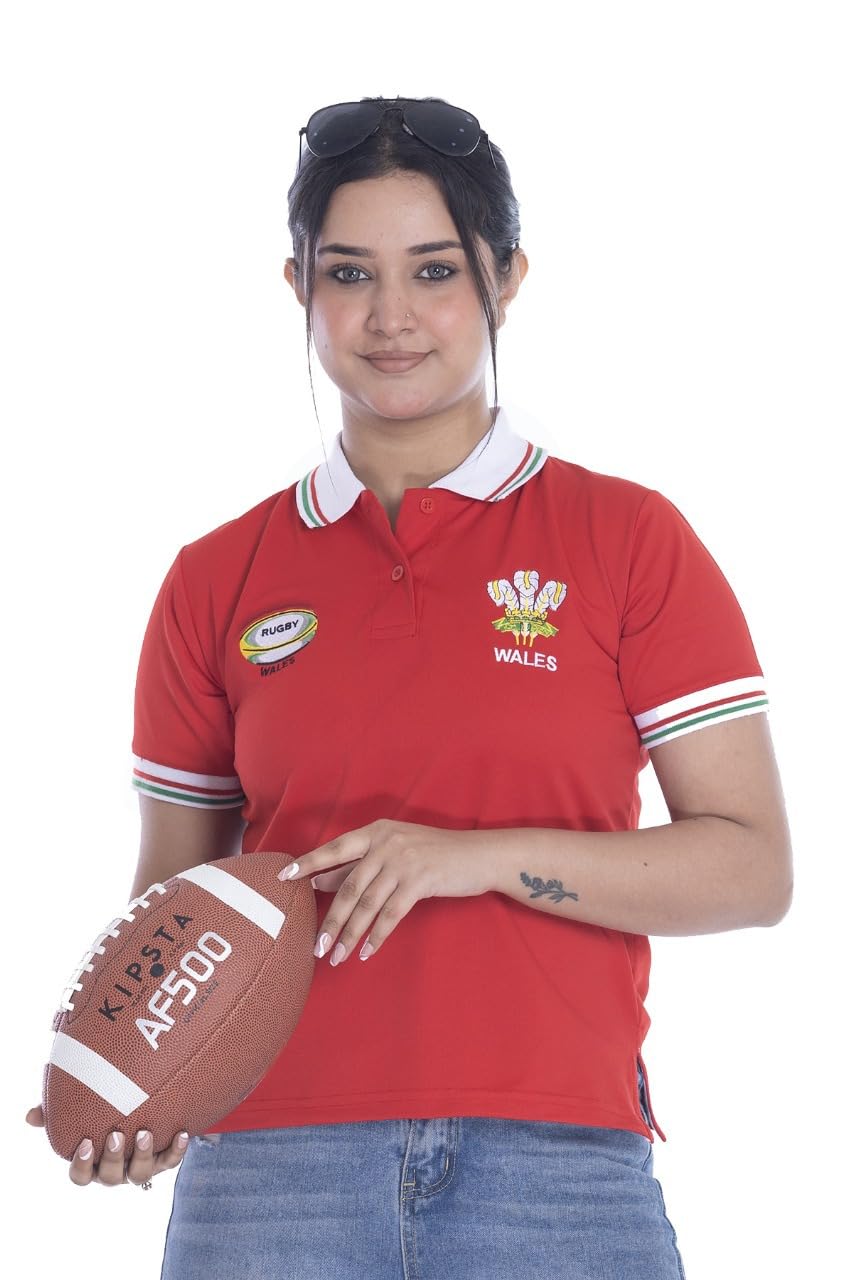 New Model UK Women Wales Rugby Fan Supporter T Shirt Button Down Collar Style Short Sleeve Size 8-10 to 24-26 (S to XXL) (M, Red)