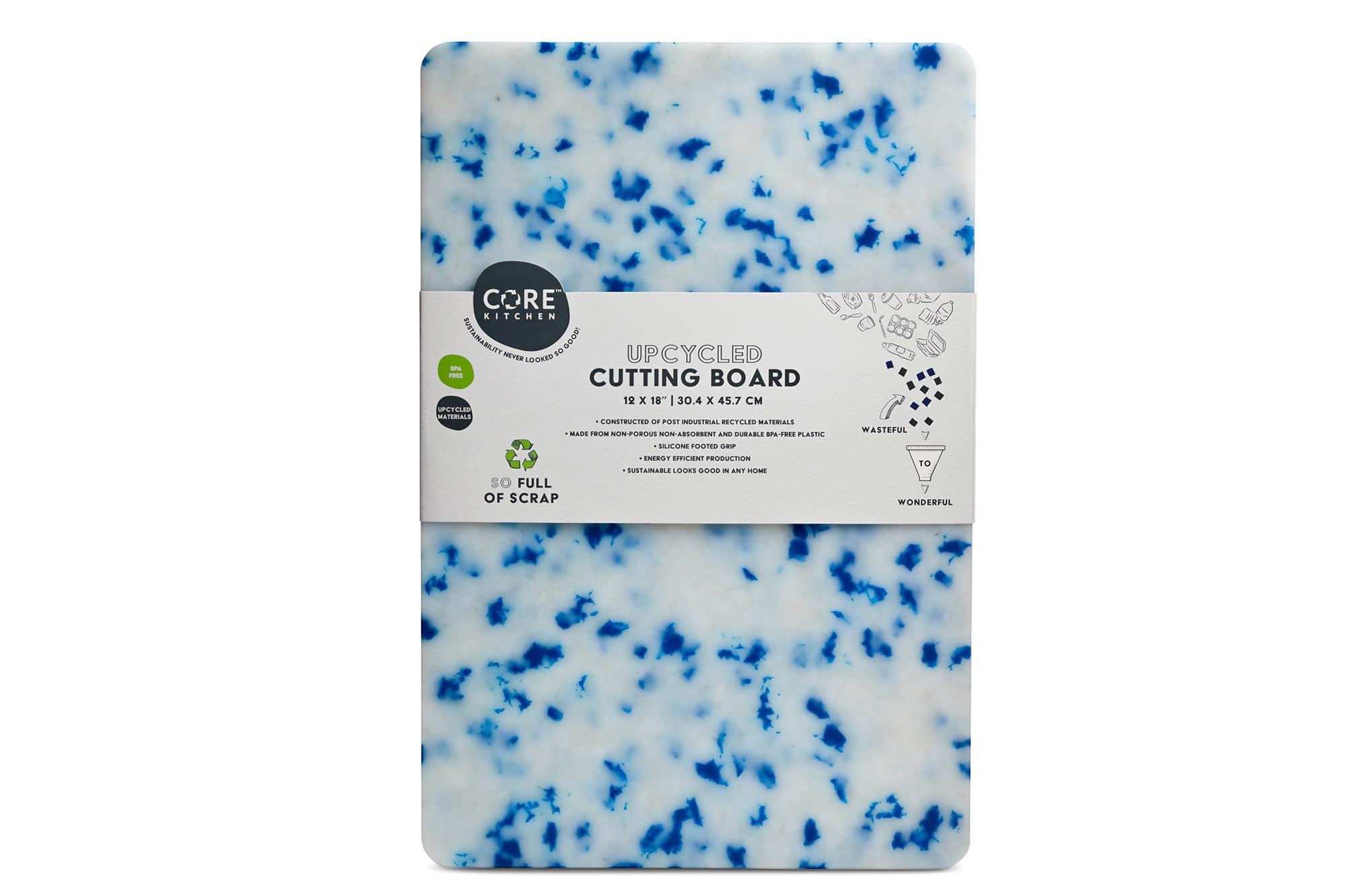 Core Home Upcycled BPA Free 12 x 18 Inch Made of Post Industrial Recycled Plastic Materials Charcuterie Platter Non-Slip Chopping Cutting Board, Blue