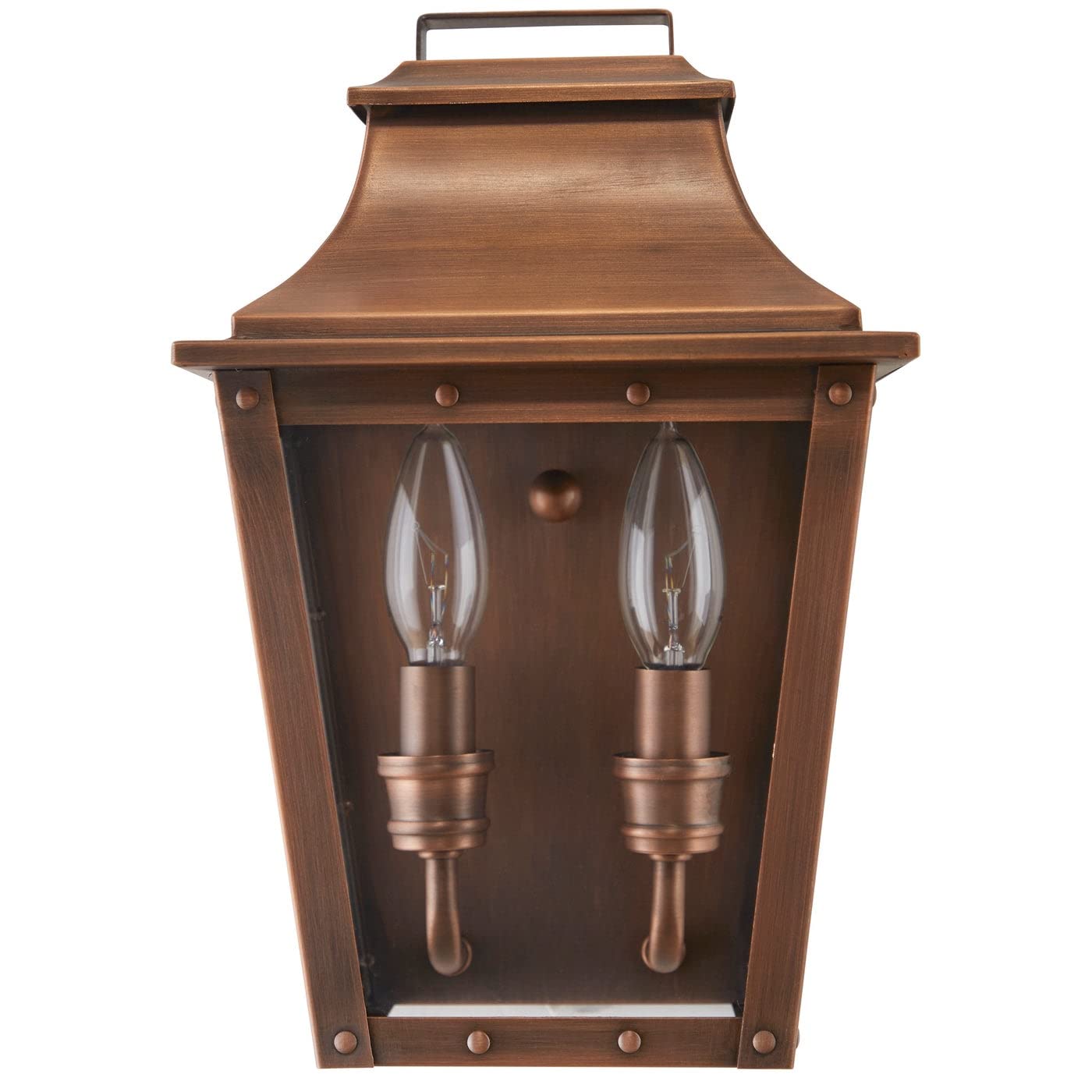 Acclaim Lighting 8423CP | Vintage Solid Copper Two Light Dimmable Wall Mounted Outdoor Wet Rated Lantern with Clear Glass | Hand Crafted Classic Colonial America Design (Copper Patina - Style Five)