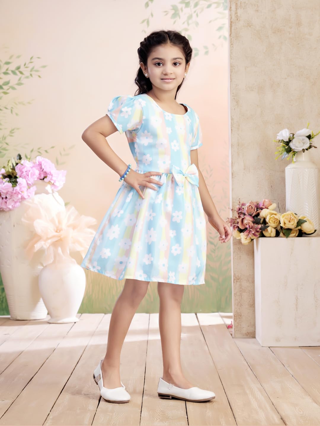 Aarika Vestido de algodón con estampado floral azul para niñas
