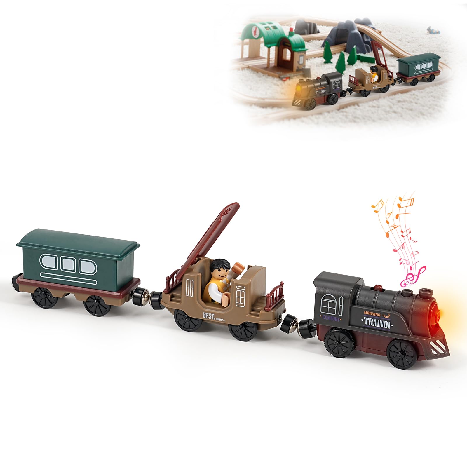 Train Toy Set for Wooden Track - 3 Pcs Magnetic Retro Battery Operated Train for Wooden Track with Human Figure Light Up Electric Train Toys for 3 4 5+ Years Old Toddlers Kids Birthday Christmas — image 1