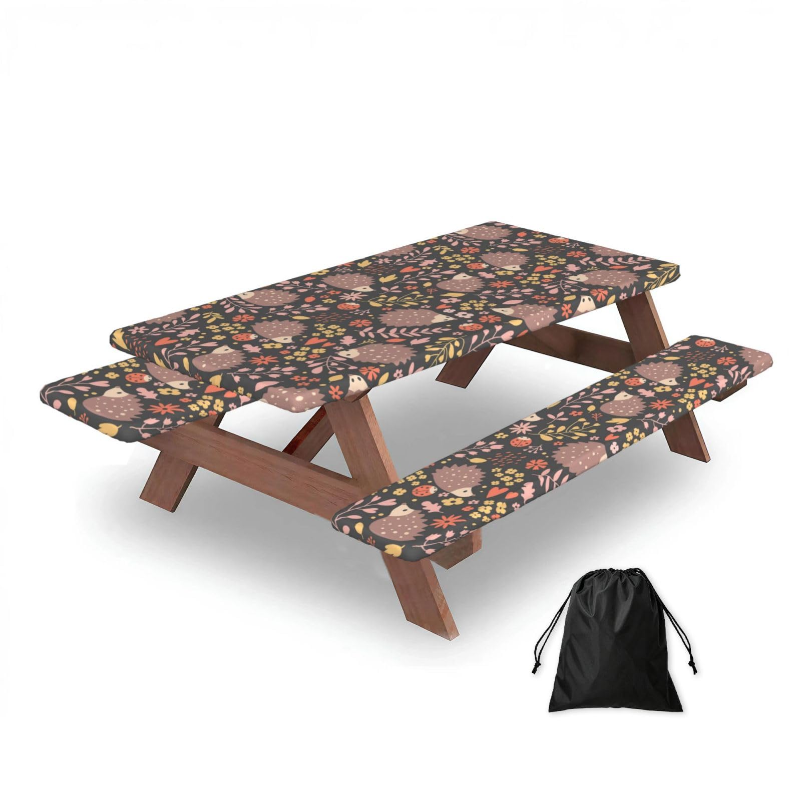 Dopklna As Picture Hedgehog And Flowers, Picnic Table Cover With Bench Covers -Waterproof Elastic Fitted Tablecloth For Garden Camping Patio 76X152cm