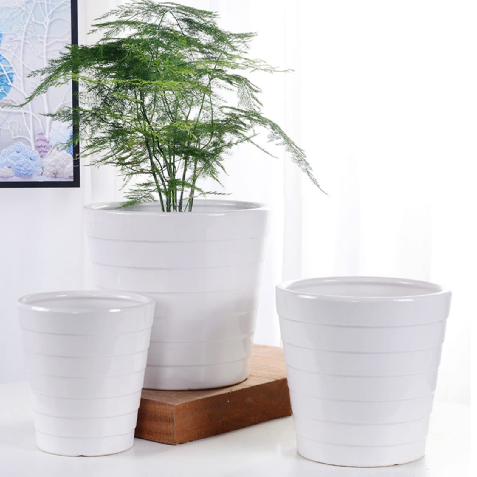 Vasi da Giardino Vasi per Piante in Ceramica, Fioriere con Foro di Drenaggio, Vasi da Giardinaggio Moderni con Strisce Orizzontali per Interni Esterni, Bianco