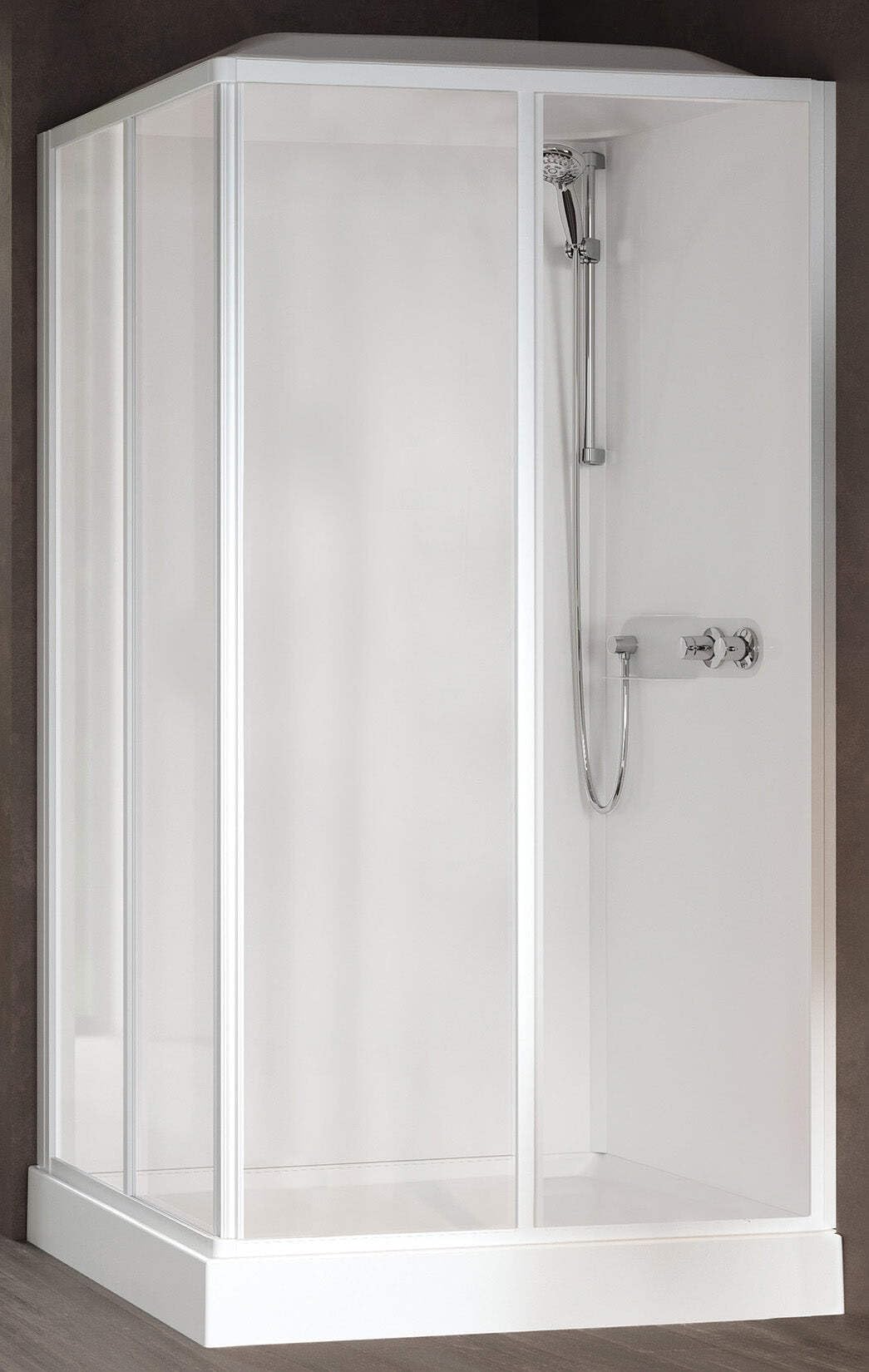Novellini Media Glass A Standard Techo Alcachofa 90 x 70 cm Cabina de ducha multifunción Apertura corredera montaje esquina mezclador termostático cristal transparente perfil blanco altura 226 cm