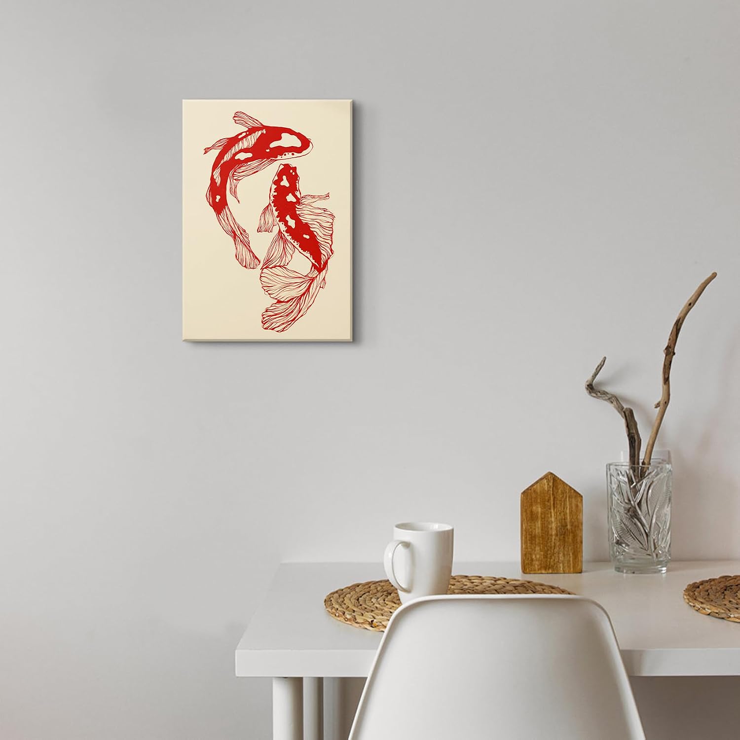 Condition photo showing New/Like New for lsxartqq funky japanese wall art asian red koi fish aesthetic print unique oriental carp canvas wall decor neutral beige picture painting for living room bedroom office dorm room(12x16inch) red carp 16"l x 12"w
