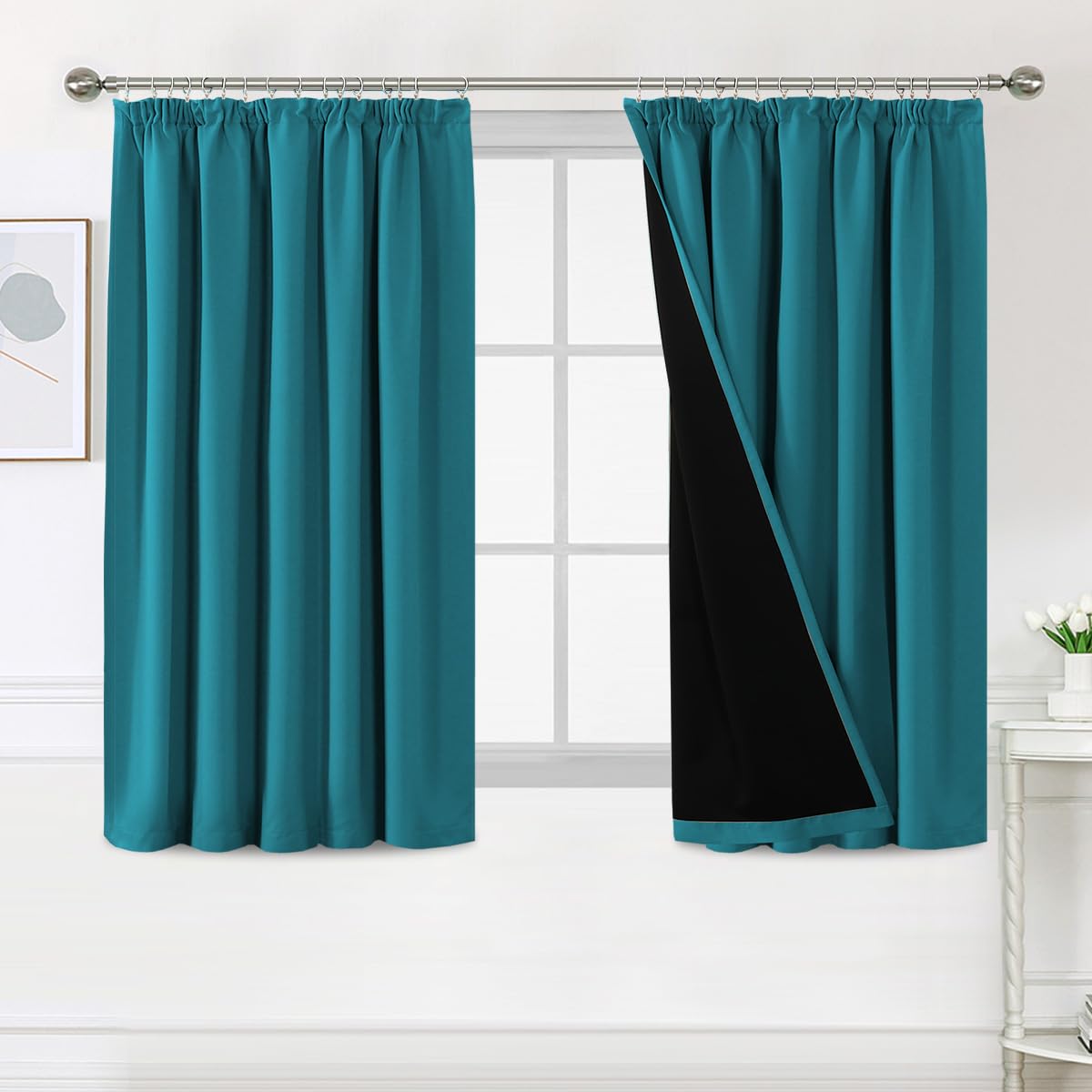 Bellahills Turquoise Blue 100% Blackout Curtains For Bedroom Thermal Insulated Curtains & Drapes Blackout Curtains Pencil Pleat Curtains For Living Room With Black Liner 2 Panels Set, 66 X 54 Inch,