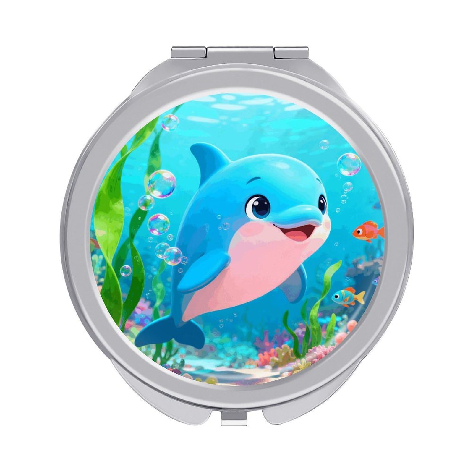 LZQPOEAS Dolphin Compact Mirror, Double-Sided Folding Makeup Mirror, Durable Metal Travel Pocket Mirror for Purse, Portable Round Touch-Up Mirror for Table Gifts and Everyday Use